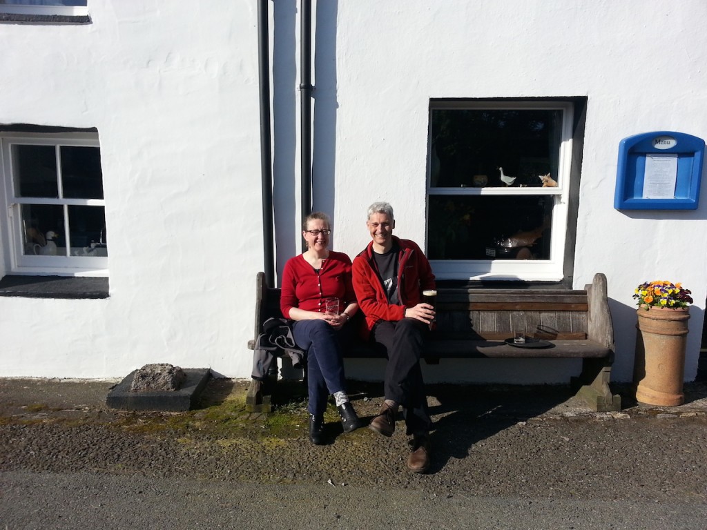 Sitting in the sun outside Lochbay Seafood Restaurant, Skye